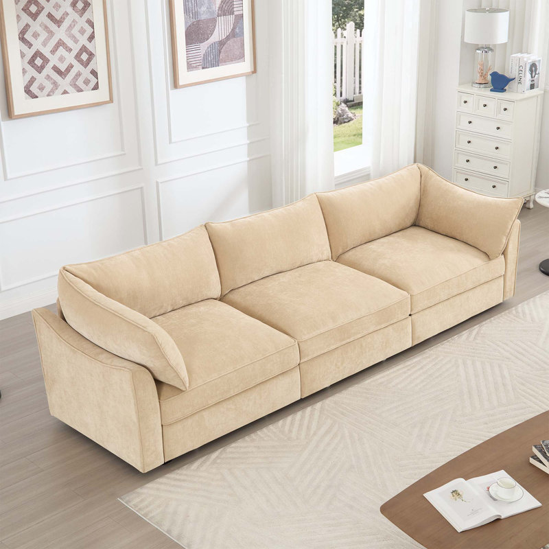 Canapé moderne en chenille 3 places avec accoudoirs en forme de croissant et tiroir coulissant sous chaque siège, 3, Blé