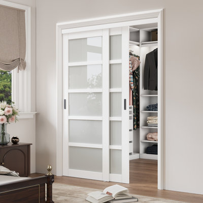  Porte coulissante en verre trempé givré 5-Lite 60 po x 80 po avec quincaillerie H 60 po x 80 po