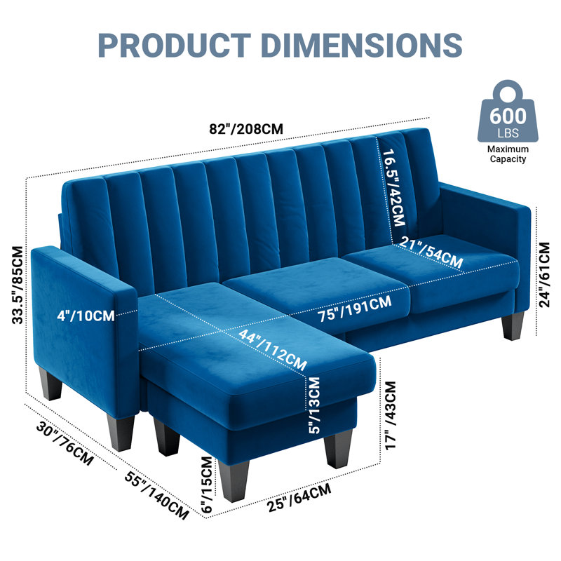 Modern Velvet 3 Seater Sofa with Convertible Ottoman, Blue Velvet