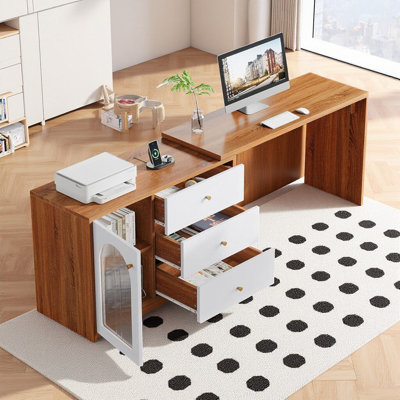 KELVIO Reversible 82.7" L-Shaped Corner Desk with Storage Drawers & Cabinet - Rustic Brown/White