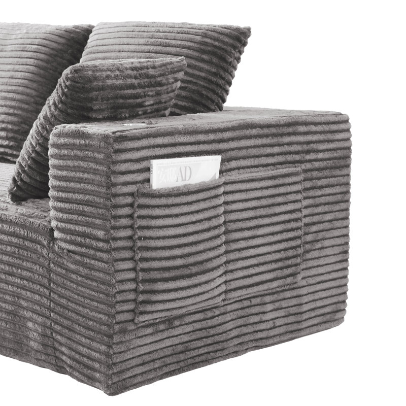 Canapé modulaire de 241 cm avec fauteuil lounge d'angle, quatre places, design sans dossier avec repose-pieds, Gray Corduroy