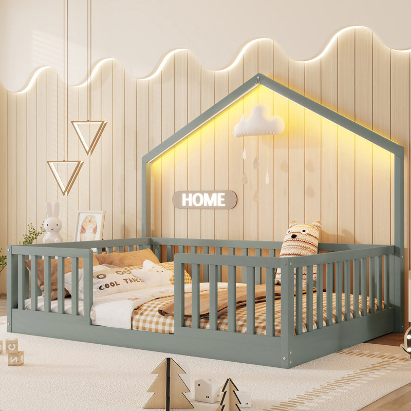 Lit double en bois Montessori avec rails de sécurité et lumière, lit pour enfants et garçons, gris, Gris, Lit double