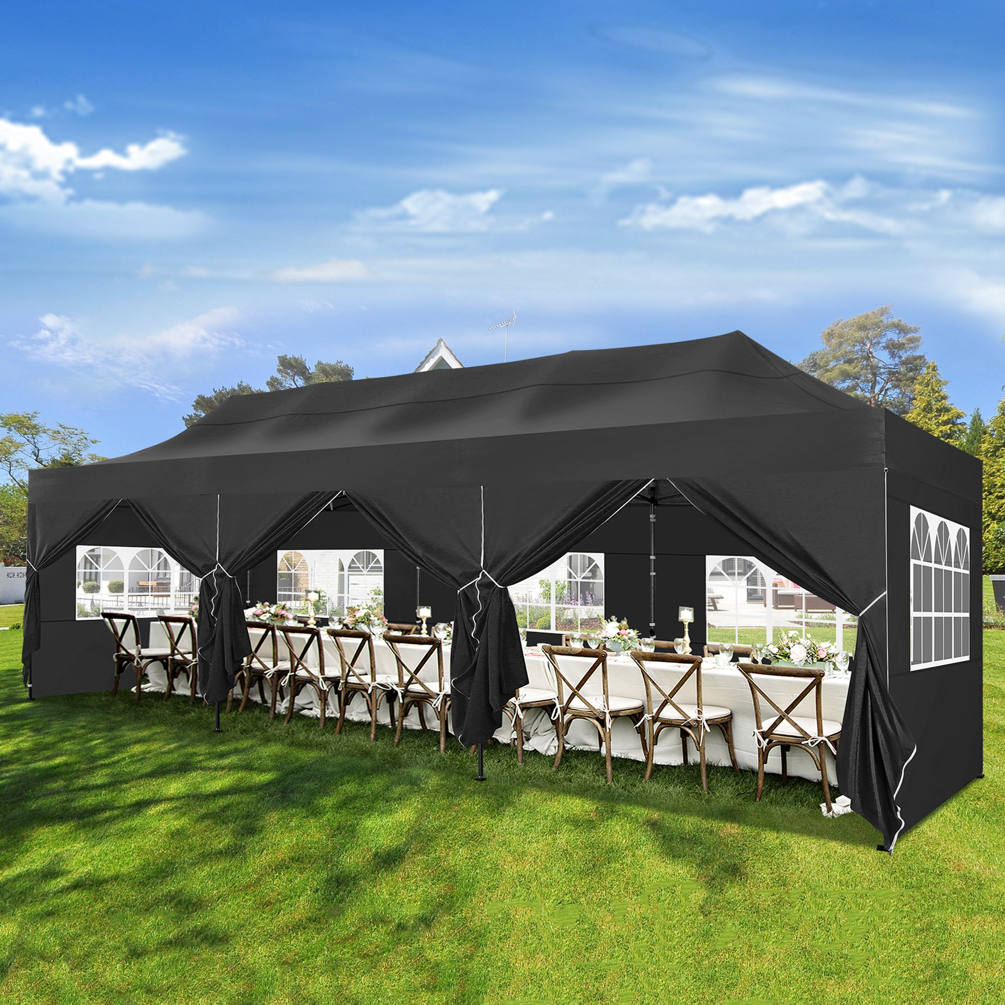 30 ft x 10 ft Real Heavy Duty Steel Pop-Up Canopy with 8 Sidewalls, Sandbags, Wheel Storage Bag DreamDwell Home Roof Color: Black