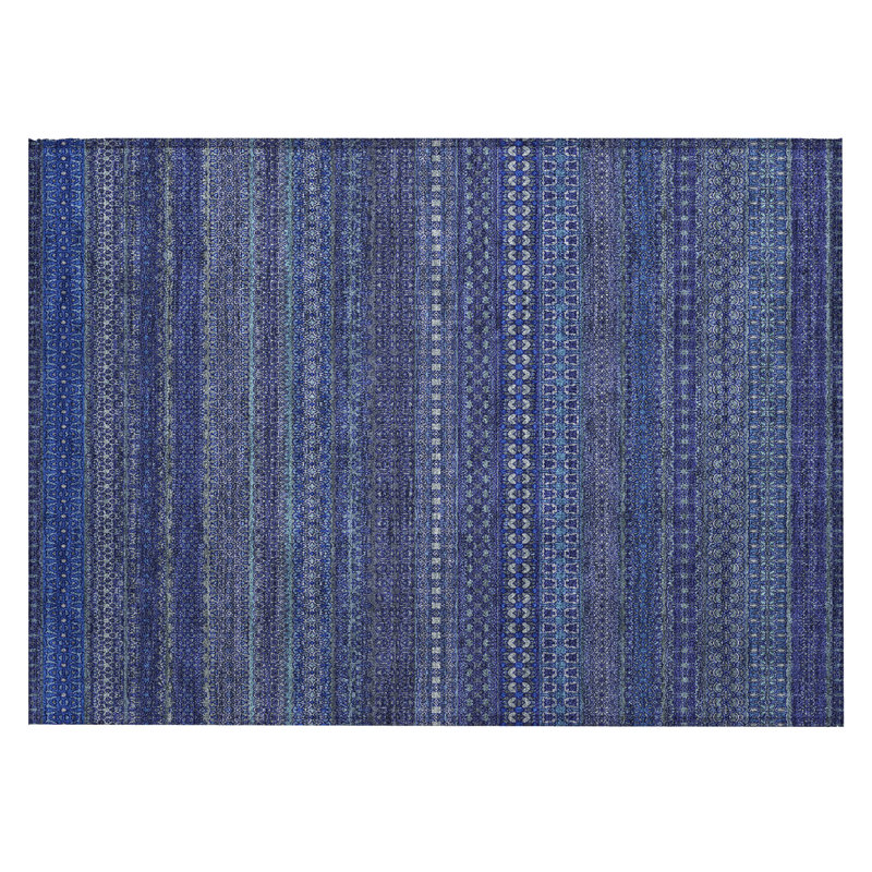 2' X 3' Navy Blue Striped Washable Non Skid Indoor Outdoor Area Rug