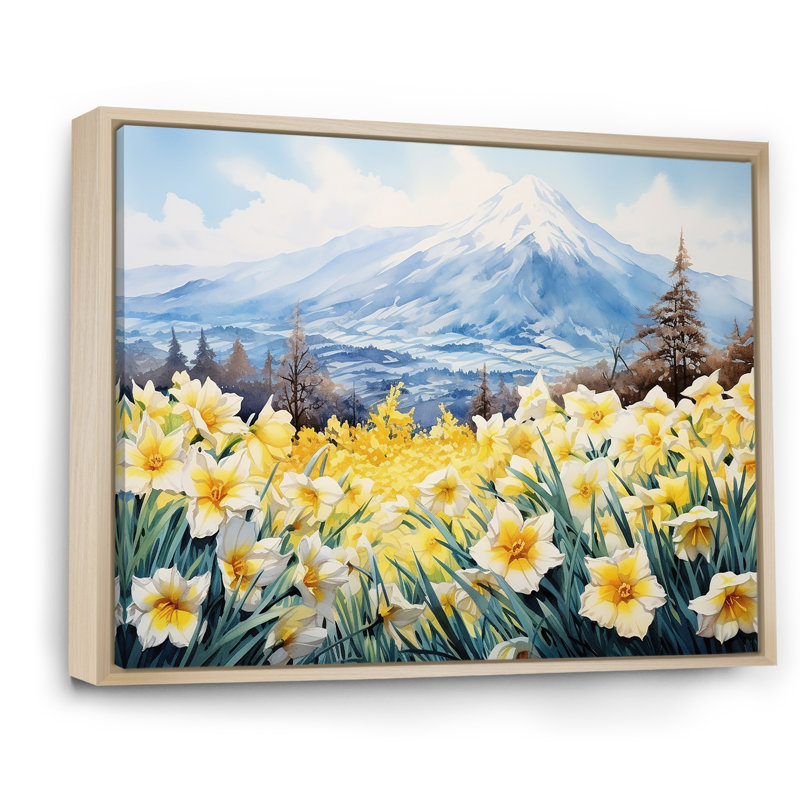 Daffodils Charm in Mountain - Imprimé, H 12 po x l 20 po, Cadre naturel flottant