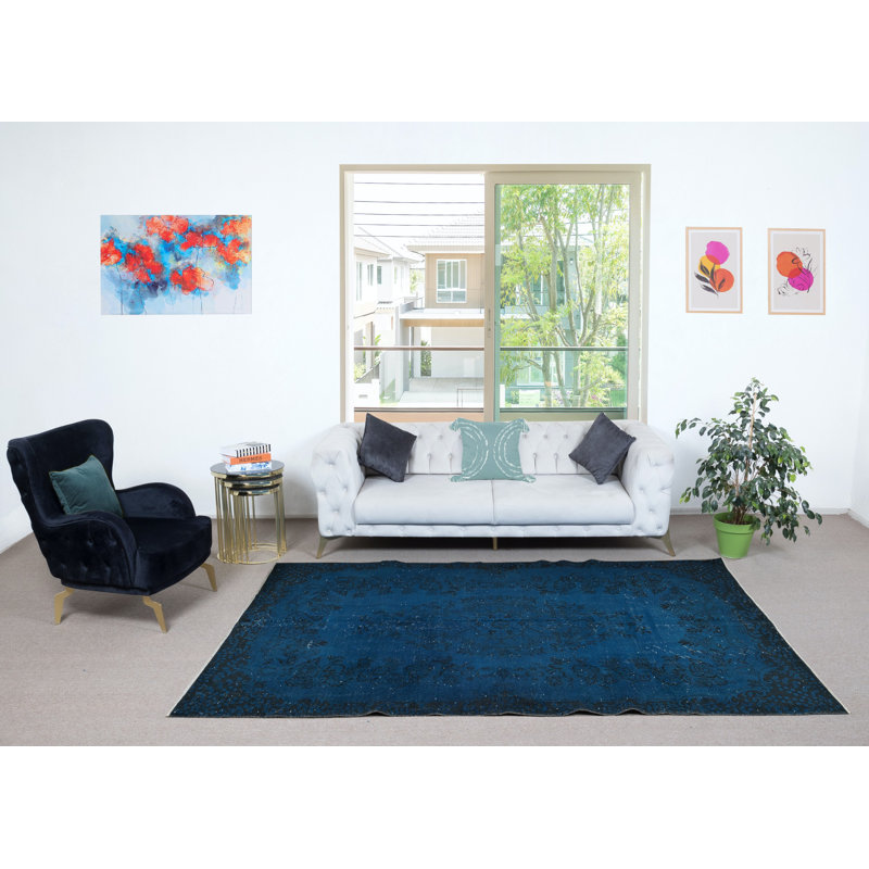Tapis turc moderne fait à la main 5,6 x 9,4 pi surteint en bleu foncé