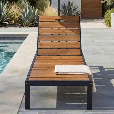 Méridiennes de patio réglables, chaise de piscine moderne en acier et bois d'acacia