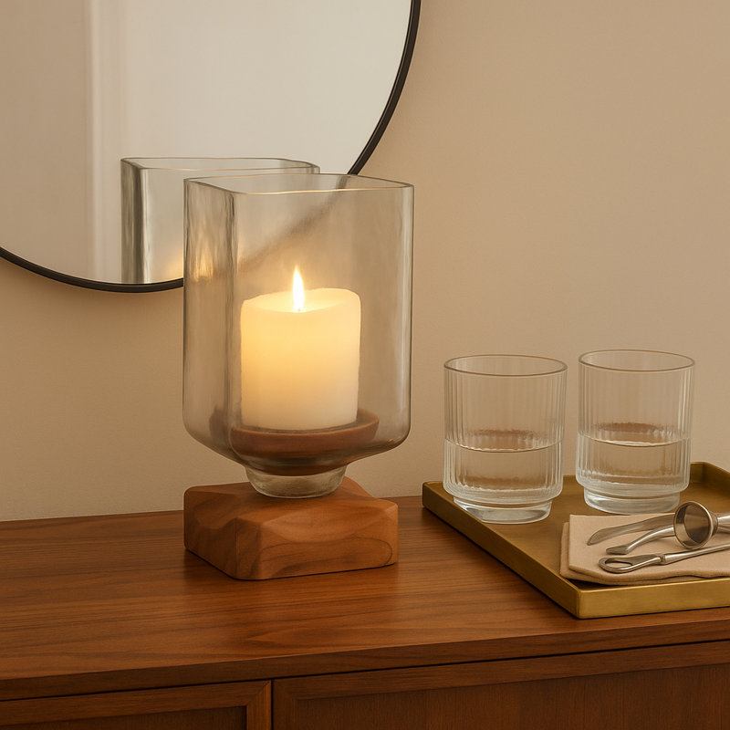 Decorative Wood and Glass Pillar Candle Holder for Home Decor - Modern Tabletop Candle Holder for Any Room Styling - Brown