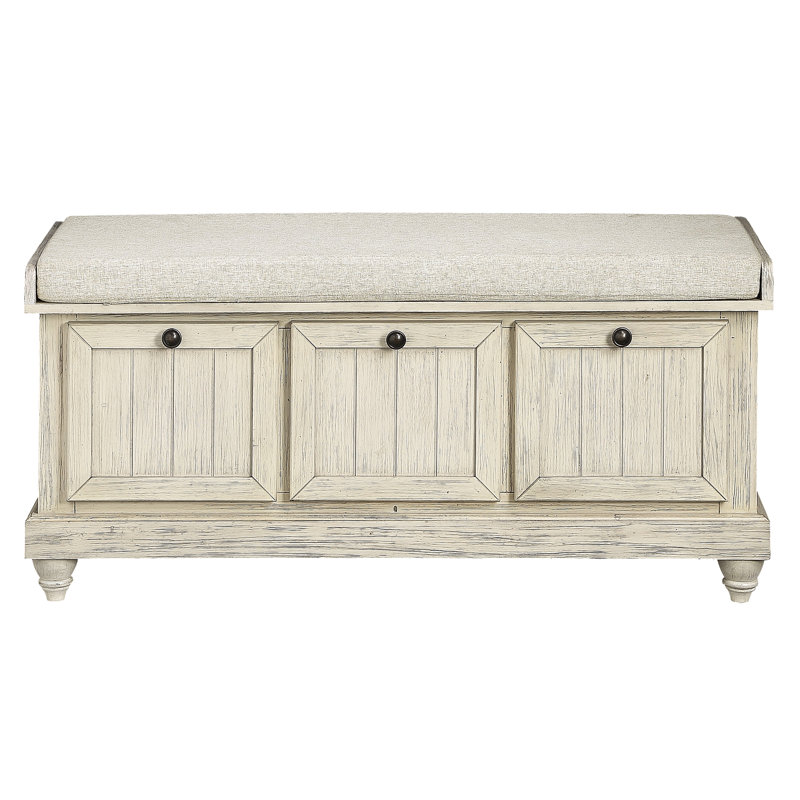 White Distressed Storage Bench With Foam Seat Cushion And Solid Wood Flip-Top Textured Upholstery, White
