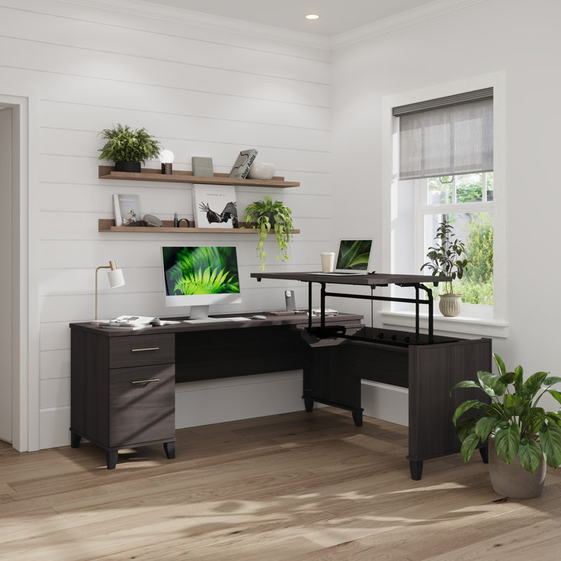 72W 3 Position Sit to Stand L Shaped Desk in Storm Gray, Storm Gray