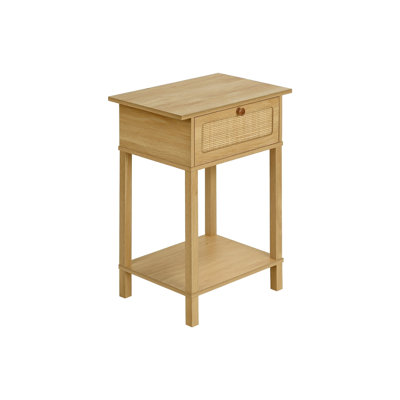 Table d'appoint Nema, tiroir à panneau en rotin et tablette, brun naturel