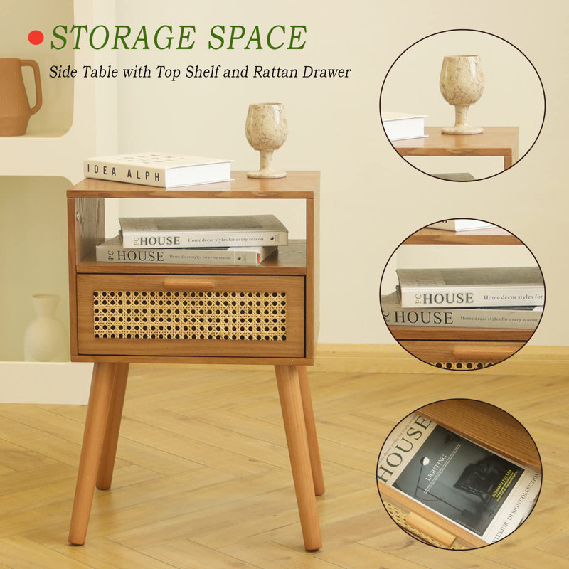 Mid Century Modern Nightstand - Small Bedside Table With Rattan Drawer - Wood End Table With Open Shelf For Small Spaces