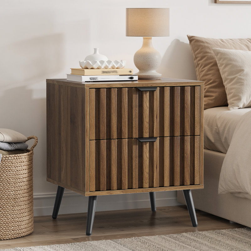 Table de chevet moderne en bois, table d'appoint avec tiroir à lattes pour chambre à coucher et salon, Two Drawer
