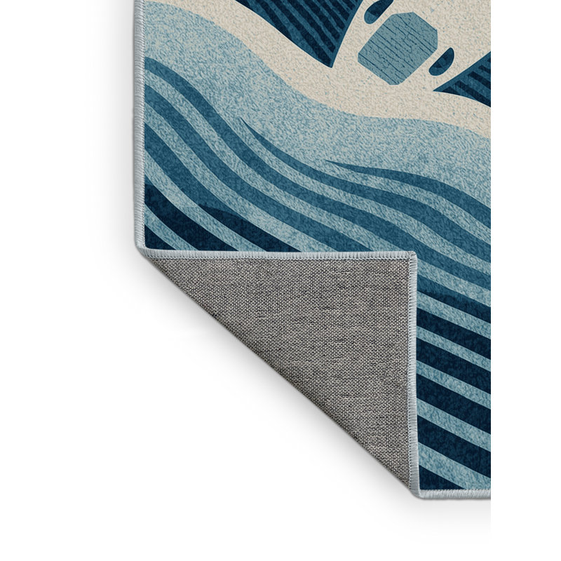 Machine Washable Yonkers Surfboard Wave Ride Beachy Striped Rug in Green – SkyBlue Binding, 7x9