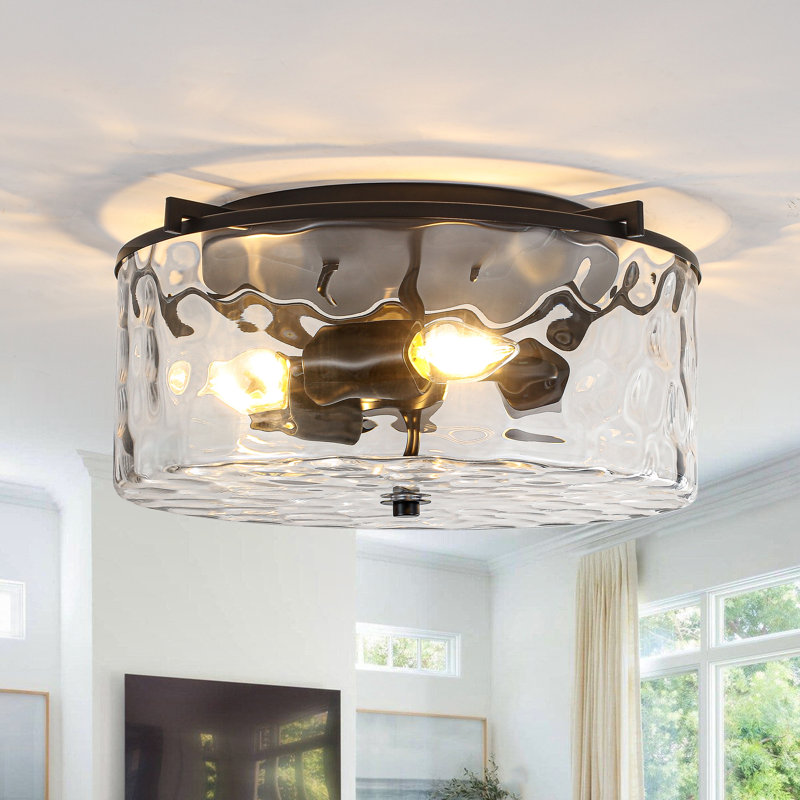 Plafonnier semi-encastré 3 lumières avec verre ondulé, Noir mat