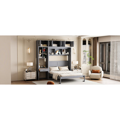 Grand lit mural avec bureau, armoire supérieure et tablettes de rangement, gris