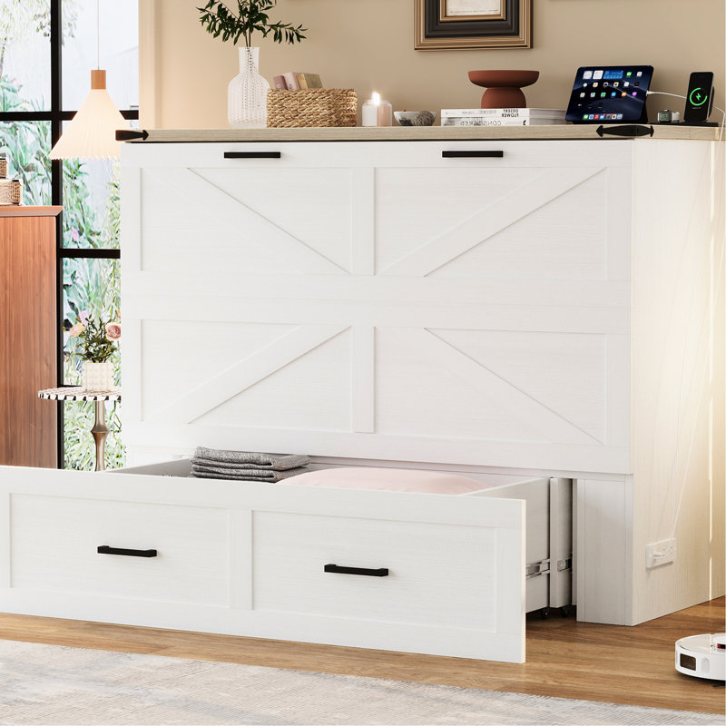 Lit armoire blanc avec gadget de chargement et grand bac de rangement, plateforme pliable pour moteur de chambre d'amis de petite chambre