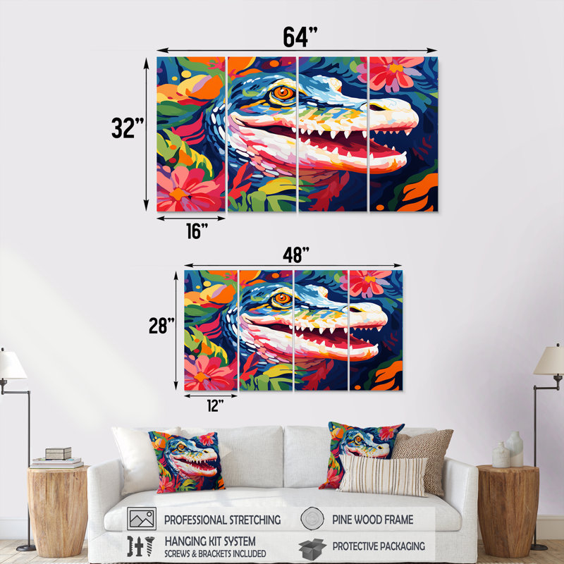 Popart alligator Blooms I - ensemble de 4 décorations murales alligator / crocodile, H 28 po x l 48 po