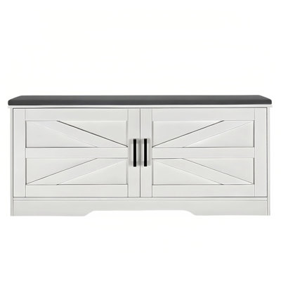 2-Tier Storage Bench, Farmhouse Shoe Bench With Padded Seat Cushion, Entryway Bench With 2 Barn Doors & 2 Adjustable Shelves, 13.75" D X 39.4" W X 17.72" H, For Entryway, Bedroom, Living Room