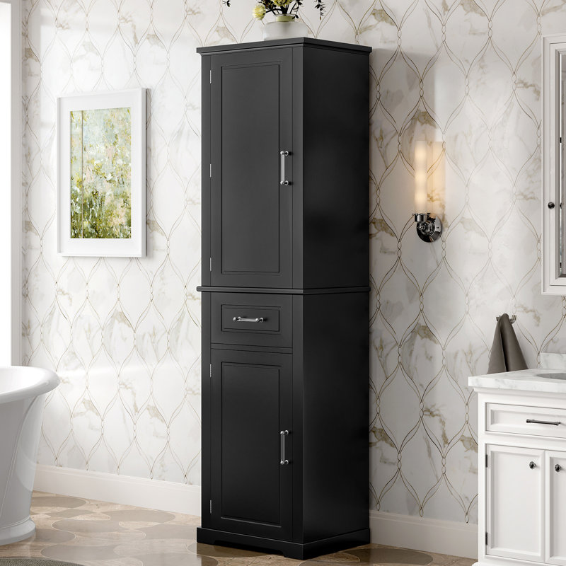 Tall Bathroom Storage Cabinet, Freestanding Storage Cabinet With Two Different Size Doors And Adjustable Shelf, Door Shelve Design, MDF Board With Painted Finish, Black