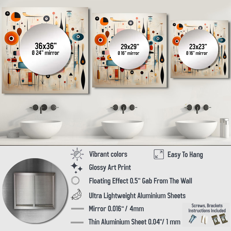 Omaque - miroir mural carré Mid-Century pour salle de bain, 36 po x 36 po