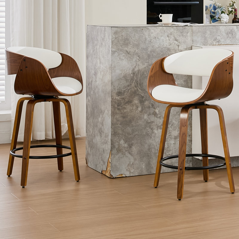 Modern Faux Leather Swivel 30'' Bar Stools, Wood Stools with Arms and Footrest, White, Bar Stool (30" Seat Height)