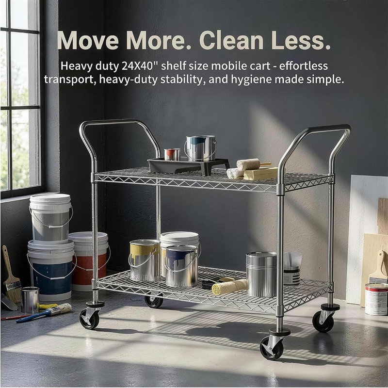 Chariot utilitaire roulant commercial robuste à 2 niveaux, capacité de 272 kg, tablettes métalliques avec poignées et roues verrouillables