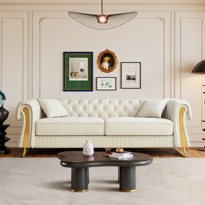 Canapé Chesterfield en velours capitonné 3 places avec 2 coussins et pieds en métal