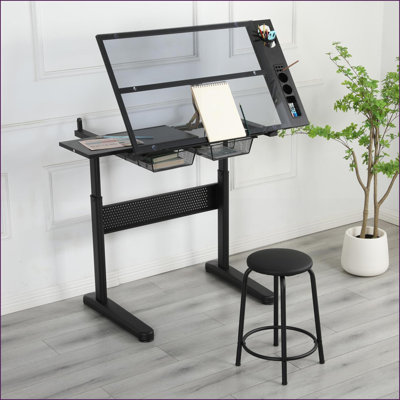 Desks | Hand Crank Adjustable Drafting Drawing Desk with 2 Metal Drawers &amp; Stool | Black | Glass+Metal