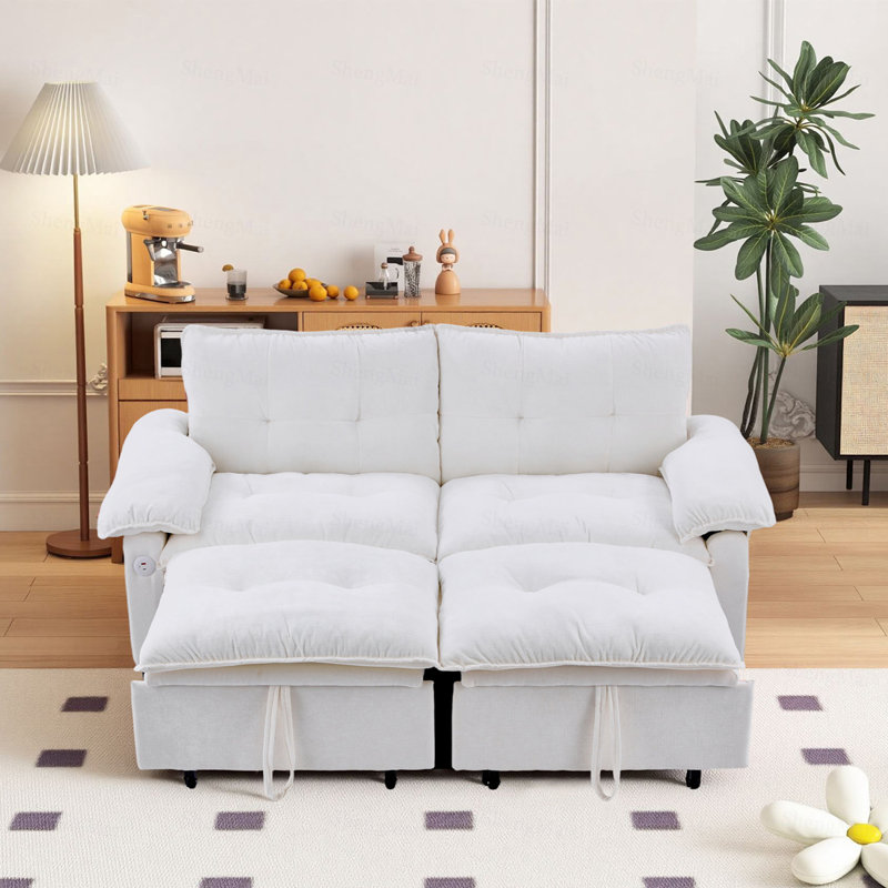 Canapé-lit convertible en velours avec matelas dépliable, Velvet-White