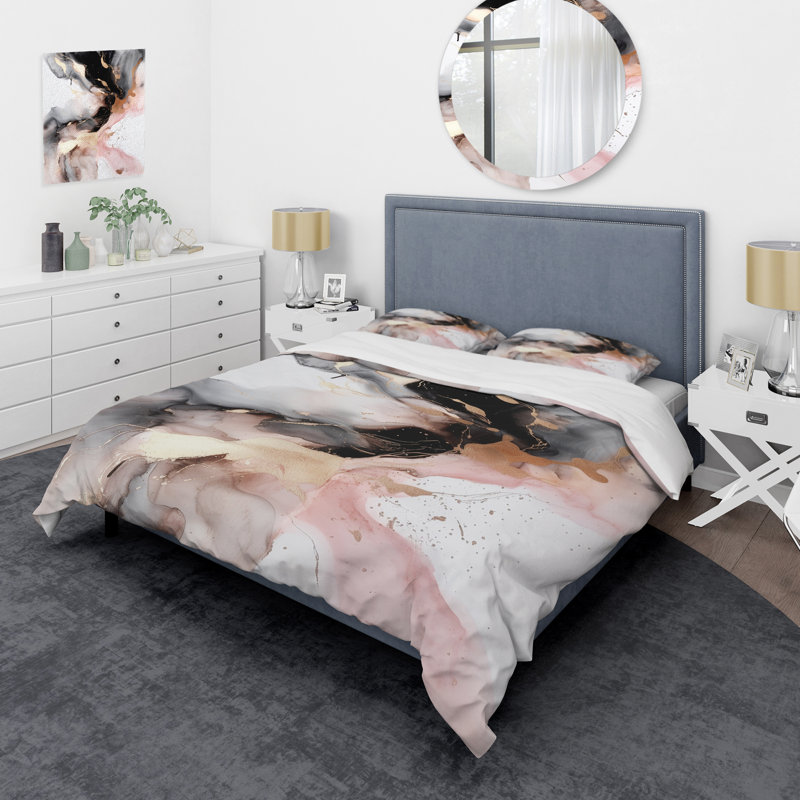 Ensemble de housse de couette en microfibre / polyester texturé rose et noir Splash Marble I