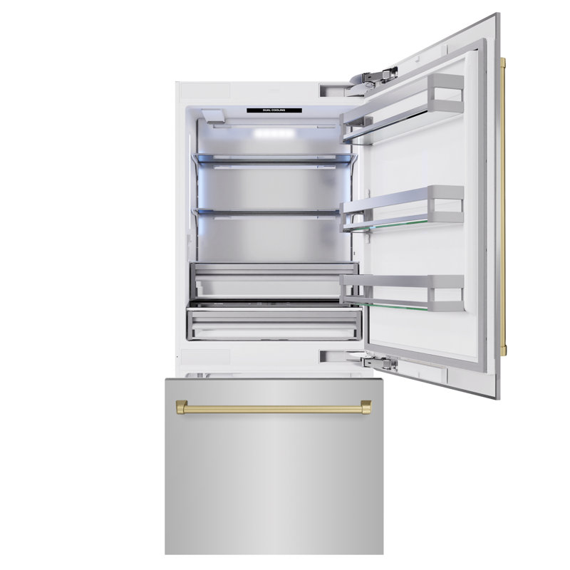 ZLINE Autograph 36 in. Built-In Refrigerator with Water Dispenser & Bronze Accents, tainless Steel/Champagne Bronze