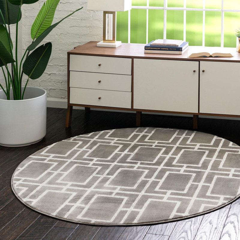 Tapis gris argenté à motif géométrique glam, Rond 7 pi 10 po