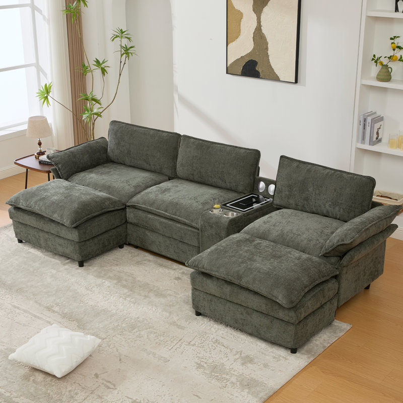 [NOUVEAU] [Canapé modulaire en forme de U, console de rangement et recharge sans fil, 2 porte-gobelets, haut-parleurs Bluetooth, 2 repose-pieds mobiles, rampe réglable, siège mobile, chenille, vert