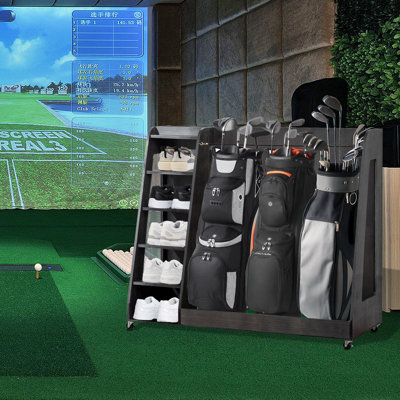 Wooden Golf Bag Storage Rack for Garage, Heavy Duty Organizer Holds 3 Bags, 14+ Clubs & Accessories with 5 Shelves