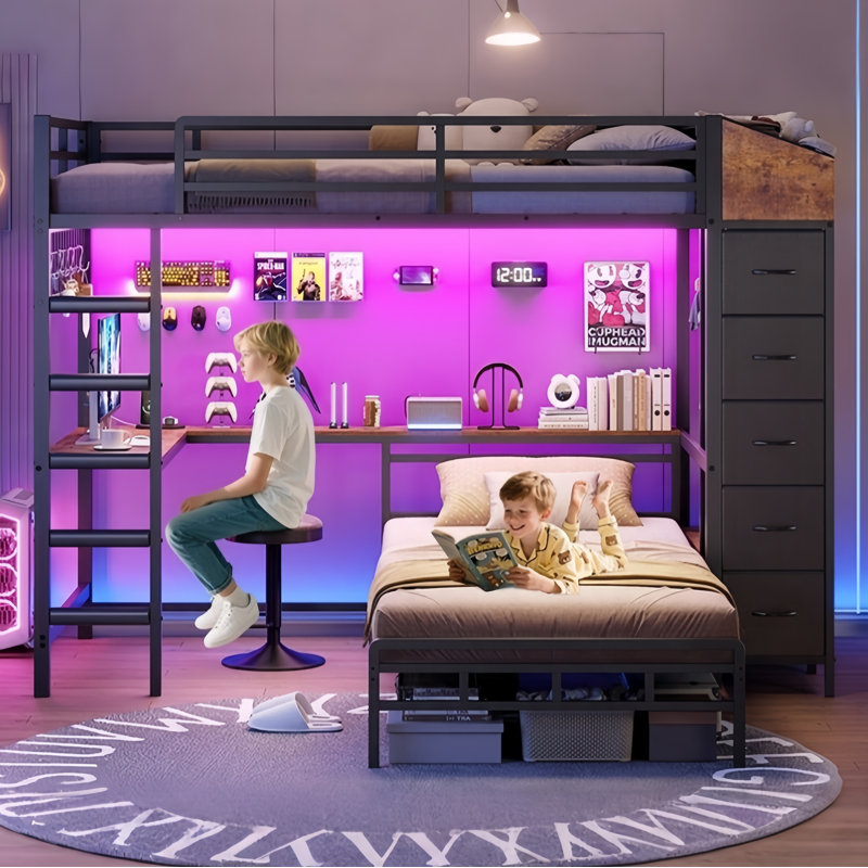 Bunk Bed with Desk and Hall Tree Storage& Charging Station, LED Metal Twin Bunk Beds with 5 Storage Drawers,Under-bed Storage Space,13.4'' Guardrail & Stairs