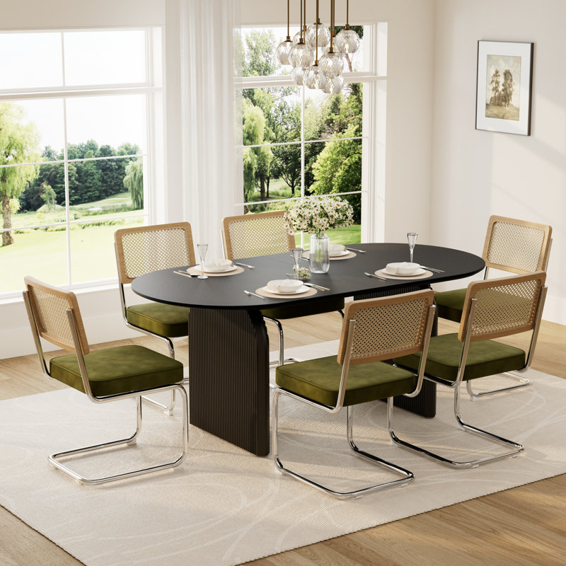 Ensemble de salle à manger élégant à double piédestal avec chaises en velours, Noir / vert olive, 7 pièces : table, 6 chaises