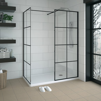 Black Grid Walk In Shower Enclosure Wet Room Glass Screen Pack 800mm and 760mm Panels