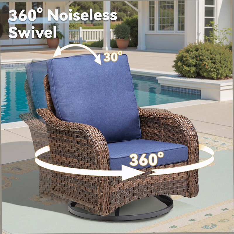 3 Pieces Outdoor Furniture Set, Outdoor Swivel Gliders Rocker, Wicker Patio Bistro Set With Side Tablerd For Porch Deck Backyard, Blue