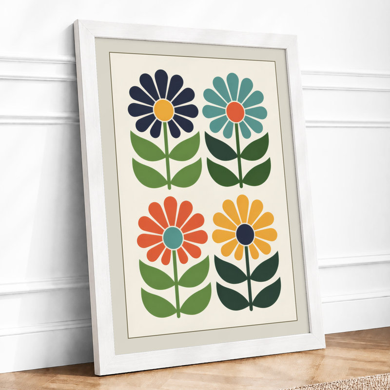 Four Stylized Blooms Mid-Century - Framed Print, A4 - 29.7 x 21.0 cm, White