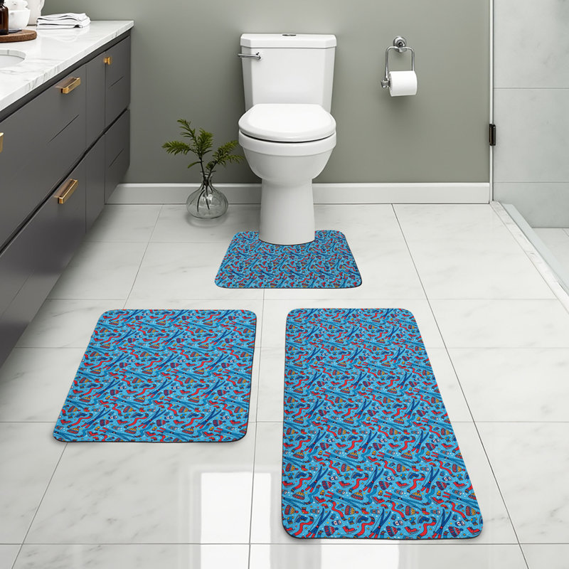  Ski Bathroom Rug Set 3 Pieces U-Shape & Rectangle Mats Sky Blue Multicolor