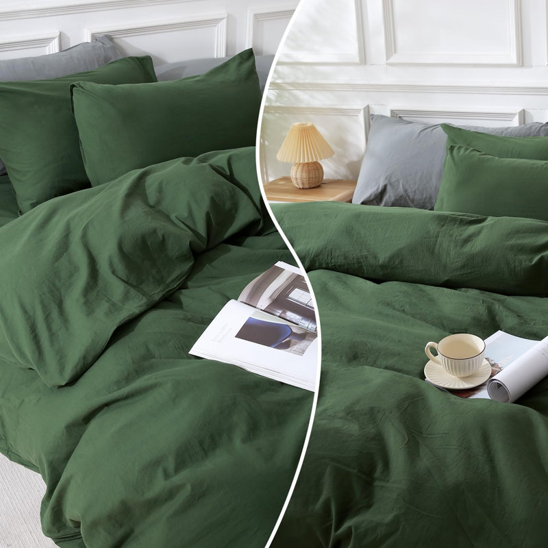 NEXHOME PRO Duvet Cover Set King Size Linen Feel Textured Organic Natural 100% Washed Cotton Duvet Cover 3 Pieces Bedding Set with Zipper Closure, Breathable, Soft, Forest Green (No Comforter)