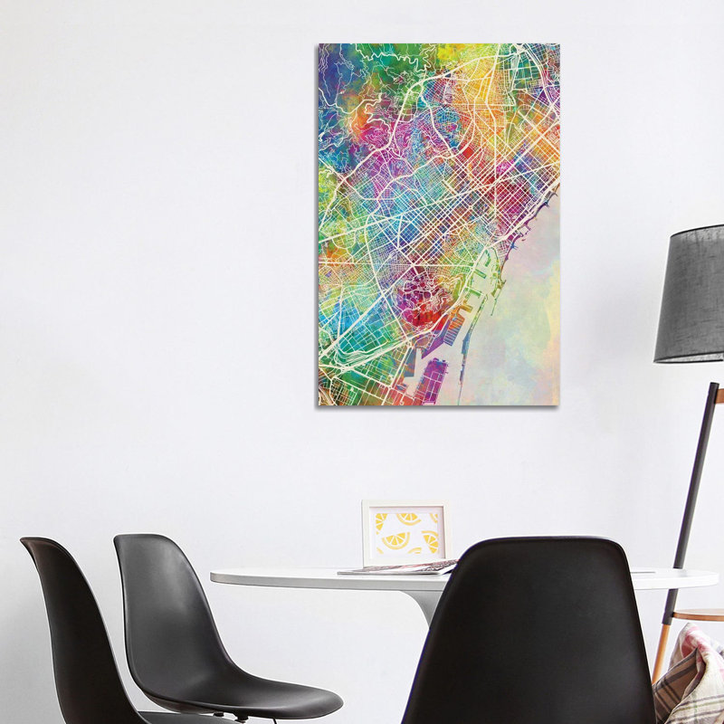 Barcelona Spain Map Color by Michael Tompsett - Wrapped Canvas Gallery-Wrapped Canvas Giclée