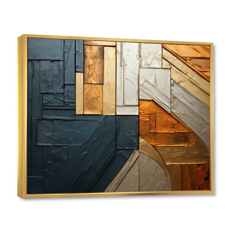 Or gris brillant géométrie II - impression, Cadre flottant doré, H 16 po x l 32 po x P 1 po
