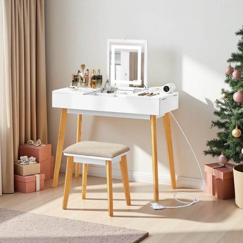 Bureau de coiffeuse avec miroir et petite table de coiffeuse à trois températures Juanis, Blanc/naturel