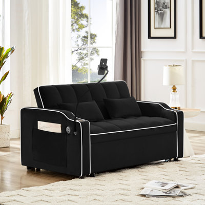 Polyvalent pliable en noir avec dossier réglable, cendrier, support de téléphone et portique de lit moderne à 2 coussins, support pivotant