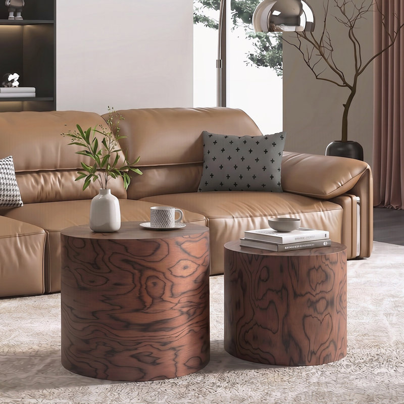 Ensemble de 2 tables basses gigognes rondes, table d'appoint en forme de souche d'arbre, sans assemblage, table d'appoint rustique à grain de tourbillon naturel pour le salon, décor de maison de campagne moderne Wabi-Sabi, pommeau brun
