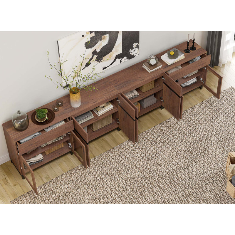 4 In 1 Sideboard Buffet Cabinets With Glass Doors And 2 Drawers, Modern Sideboard Credenza With Adjustable Shelf And Metal Base, Coffee Bar Cabinet Storage Cabinet For Living Room, Kitchen