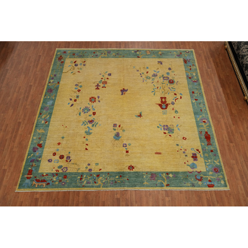 Tapis floral grand art déco à teinture végétale 12 x 12