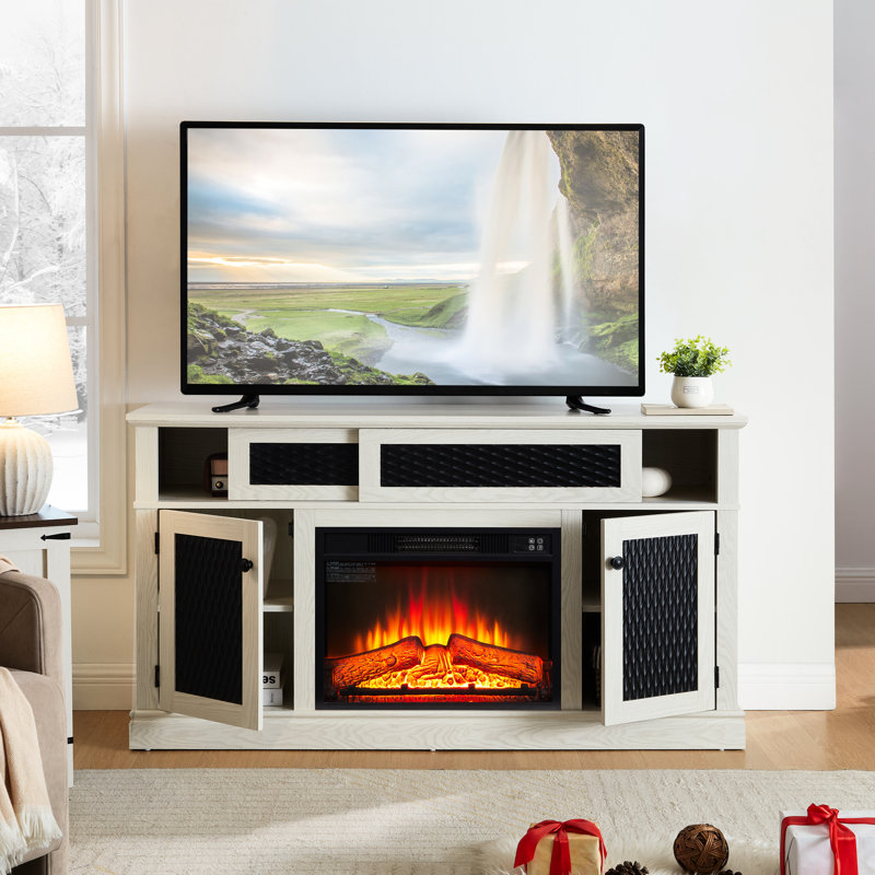 Tv Stand With Pattern And Hidden Storage - 65" Fit, White Fireplace Open Shelf Compatible, White, 31.7H
